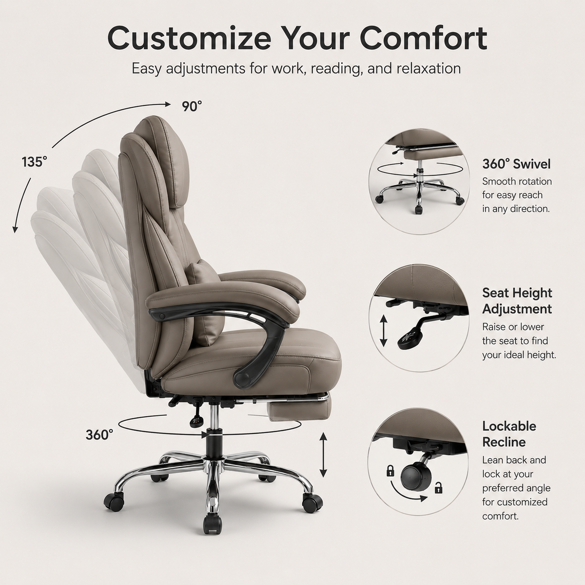LumaRest Executive Reclining Office Chair with Pull Out Footrest, Wide Cushioned Seat, Lumbar Pillow, Padded Armrests and Adjustable Swivel Base