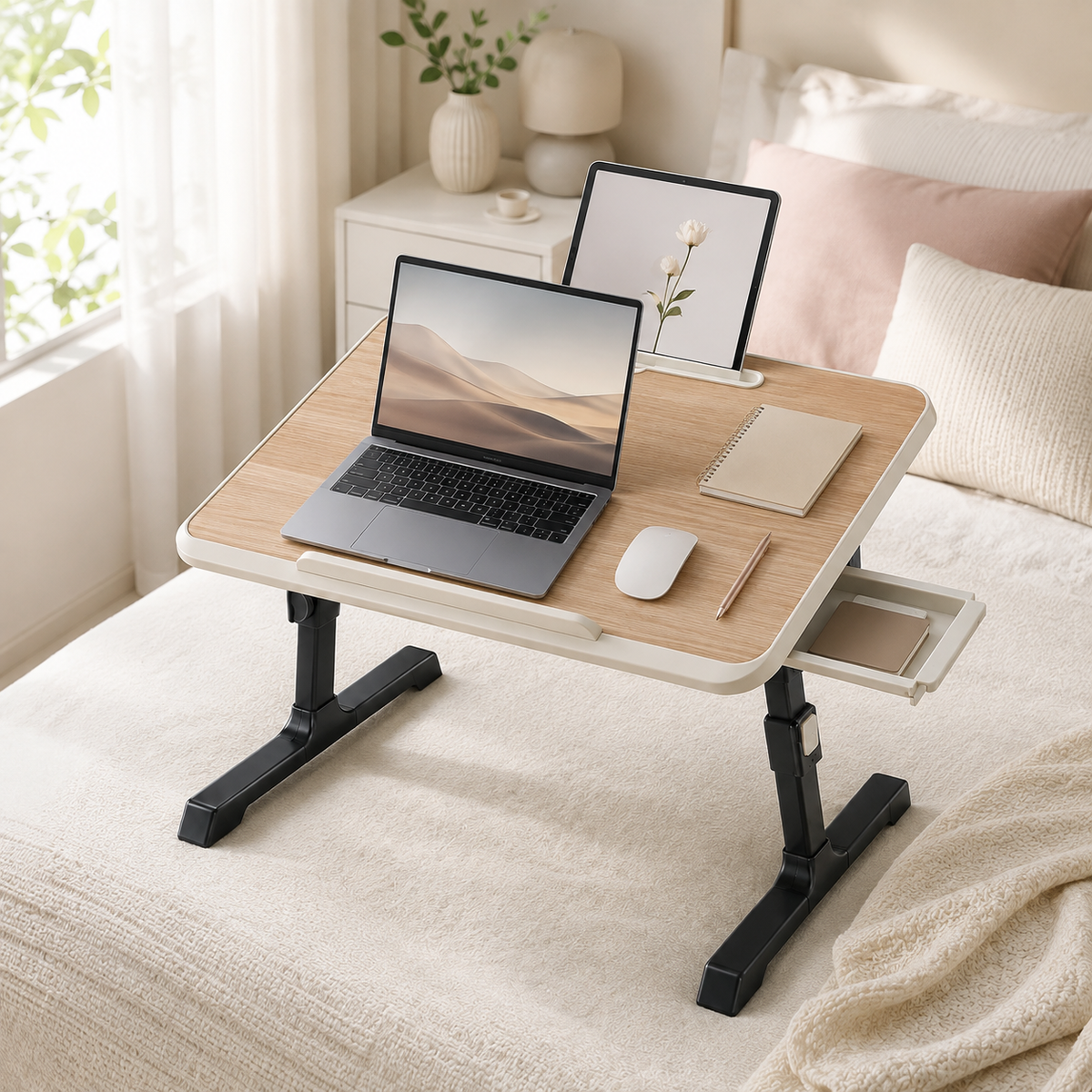 Adjustable Folding Laptop Bed Desk with Tilting Top, Tablet Slot & Storage Drawer