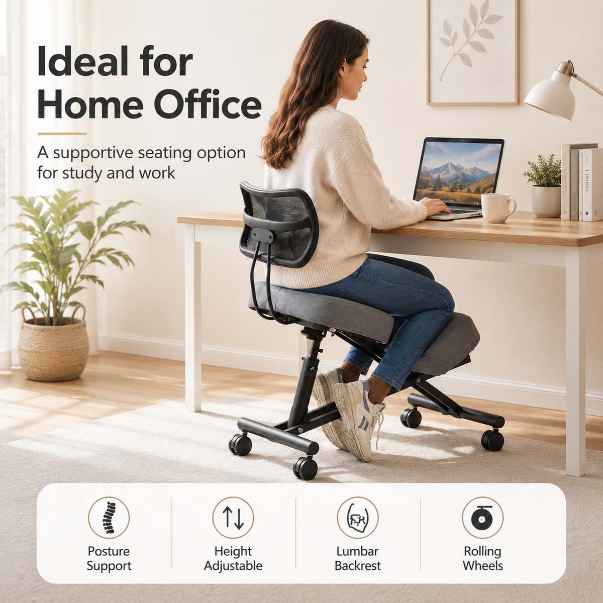 Ergonomic Kneeling Chair with Lumbar Backrest, Height Adjustable Seat, Cushioned Knee Pads and Rolling Wheels for Home Office
