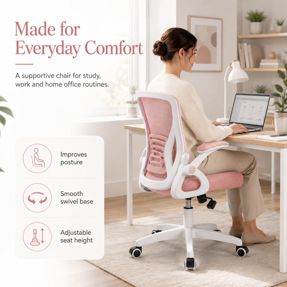 AeroNest Ergonomic Mesh Office Chair with Flip Up Armrests, Built In Lumbar Support, Adjustable Height and Smooth Swivel Base