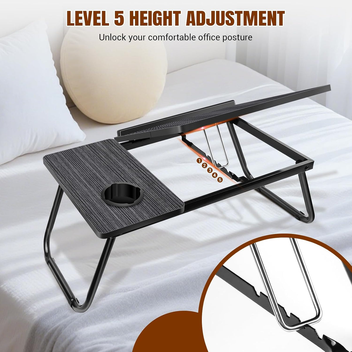 5-Level Adjustable Height Laptop Desk with Foldable Legs, Cup Slot, and Reading Holder - Versatile Bed Tray and Notebook Stand for Sofa, Terrace, and Balcony (56 x 32.5 x 23.3 cm)