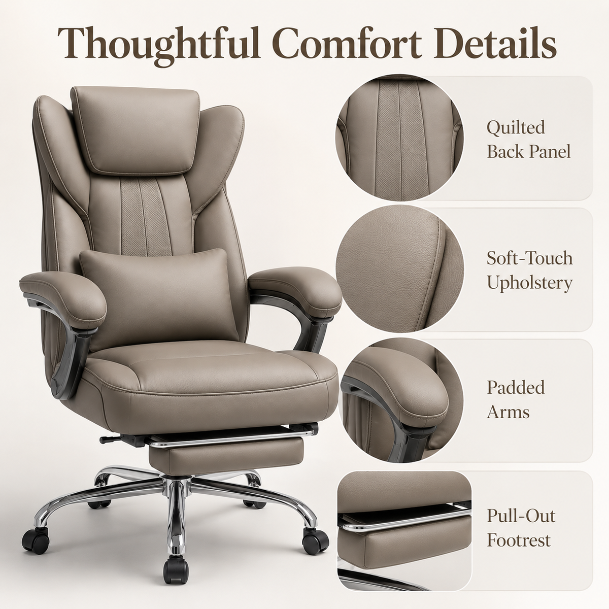 LumaRest Executive Reclining Office Chair with Pull Out Footrest, Wide Cushioned Seat, Lumbar Pillow, Padded Armrests and Adjustable Swivel Base