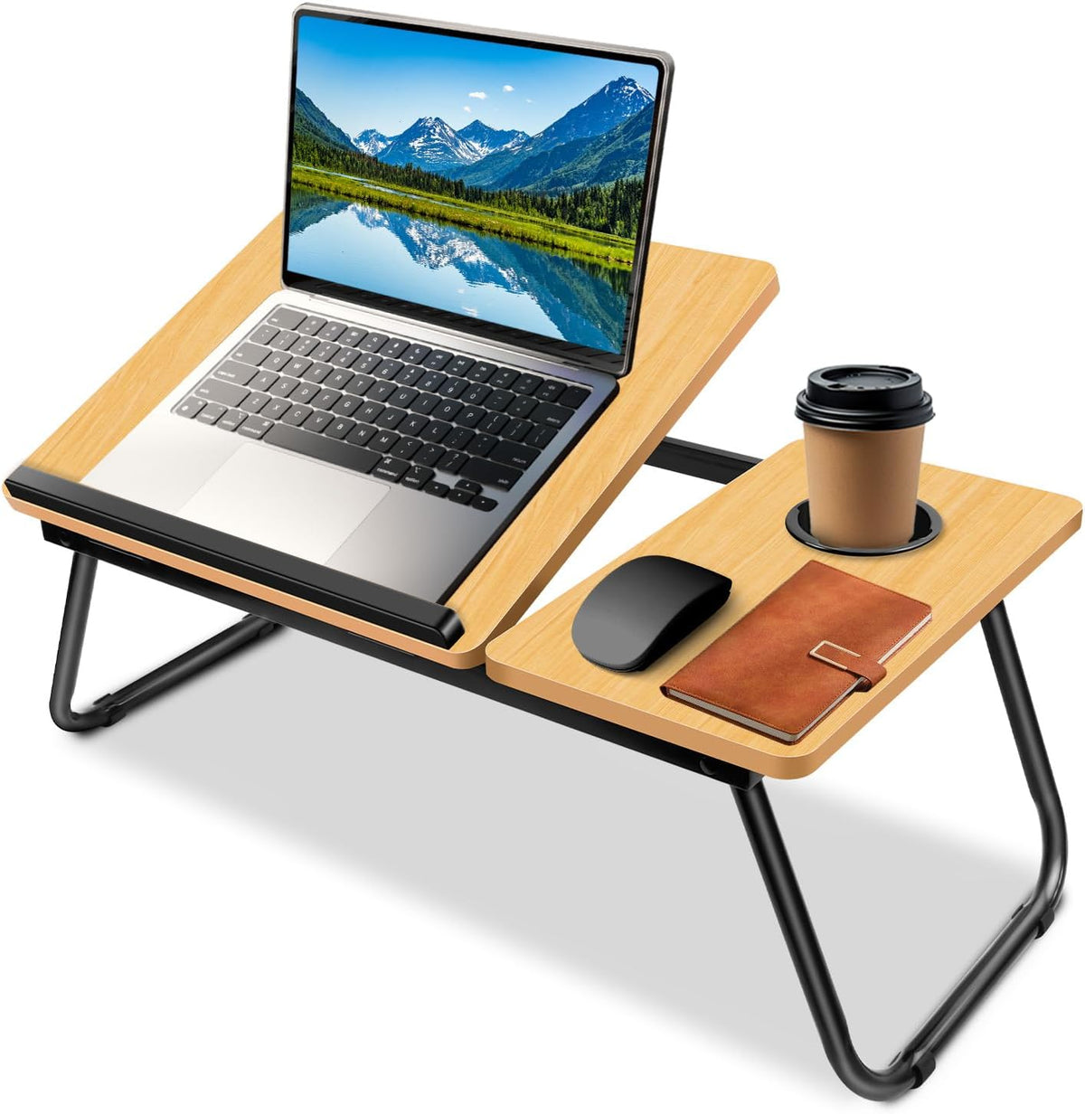 5-Level Adjustable Height Laptop Desk with Foldable Legs, Cup Slot, and Reading Holder - Versatile Bed Tray and Notebook Stand for Sofa, Terrace, and Balcony (56 x 32.5 x 23.3 cm)
