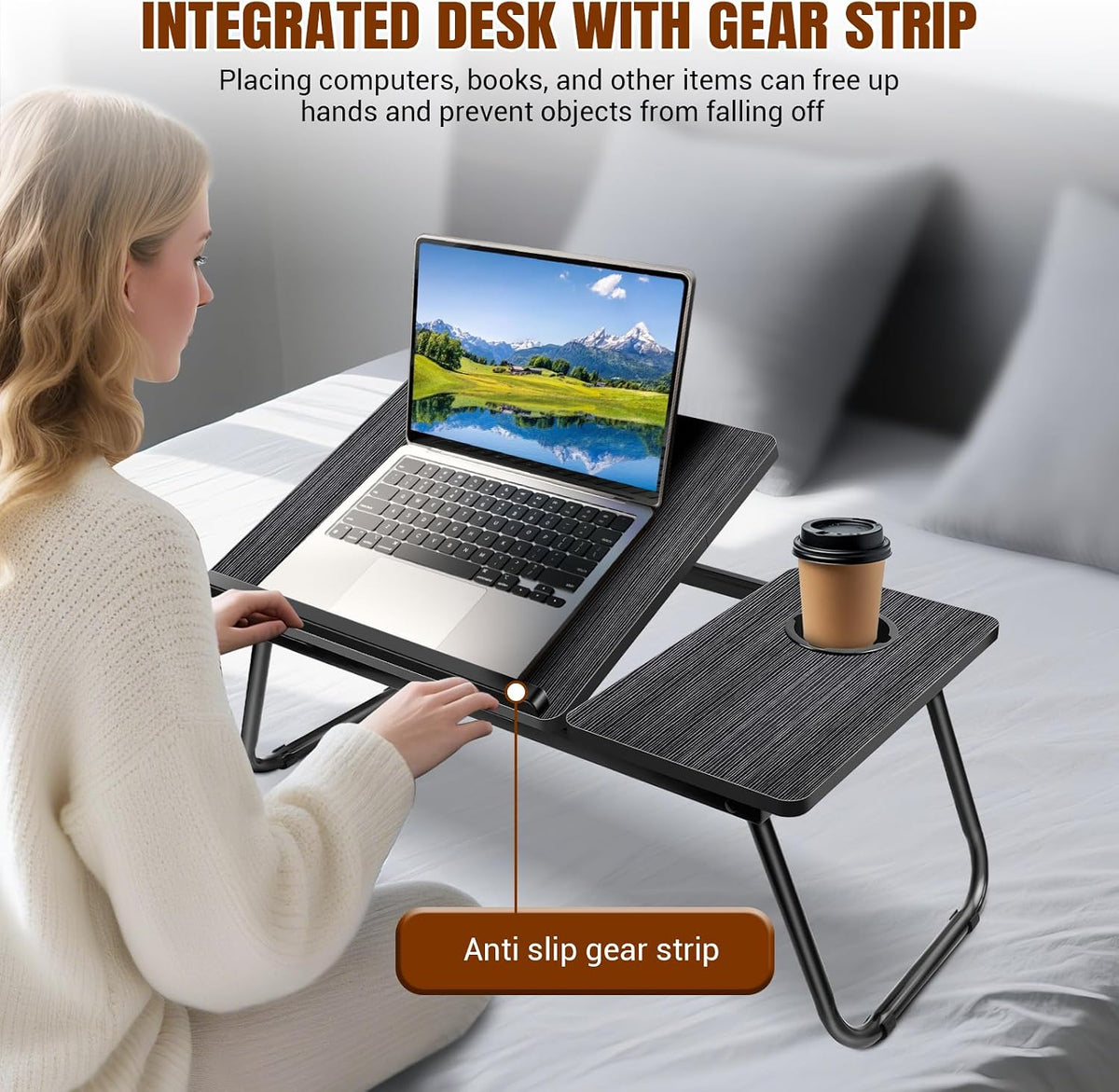 5-Level Adjustable Height Laptop Desk with Foldable Legs, Cup Slot, and Reading Holder - Versatile Bed Tray and Notebook Stand for Sofa, Terrace, and Balcony (56 x 32.5 x 23.3 cm)