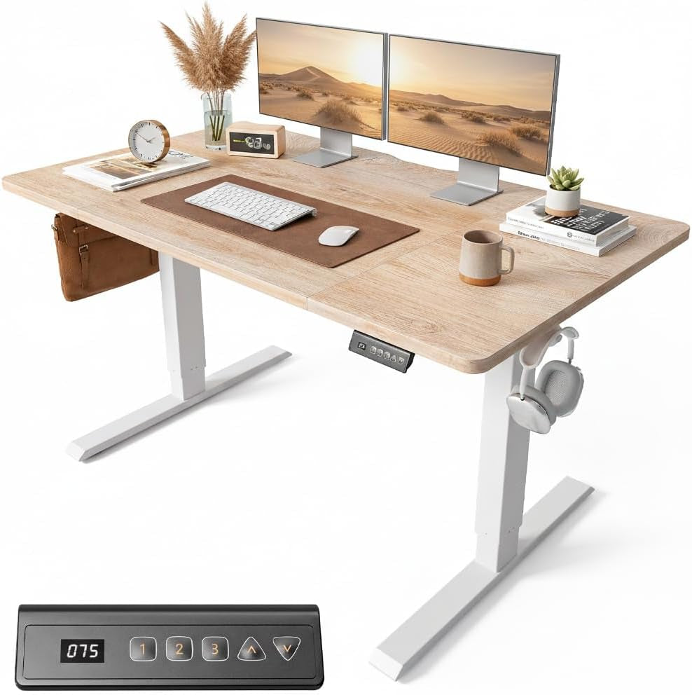 FEZIBO Height Adjustable Electric Standing Desk 100 x 60 cm with Digital Display Panel, Ergonomic Sit-Stand Home Office Desk featuring Splice Board and White Wood Grain Finish