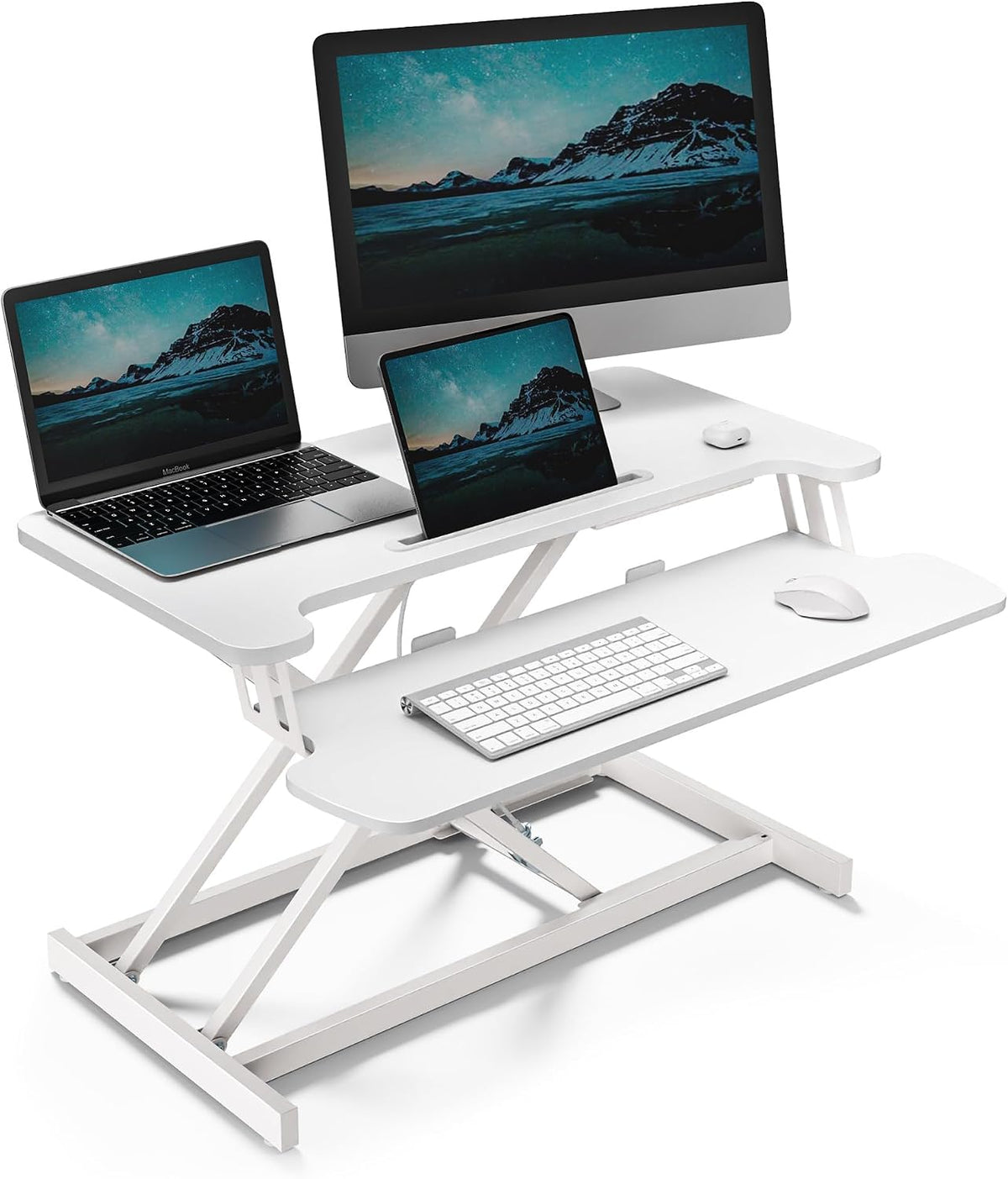 Height Adjustable Standing Desk Converter – Desktop Workstation Riser with Keyboard Tray, Dual Monitor Support & Tablet Holder, 80 x 40 cm