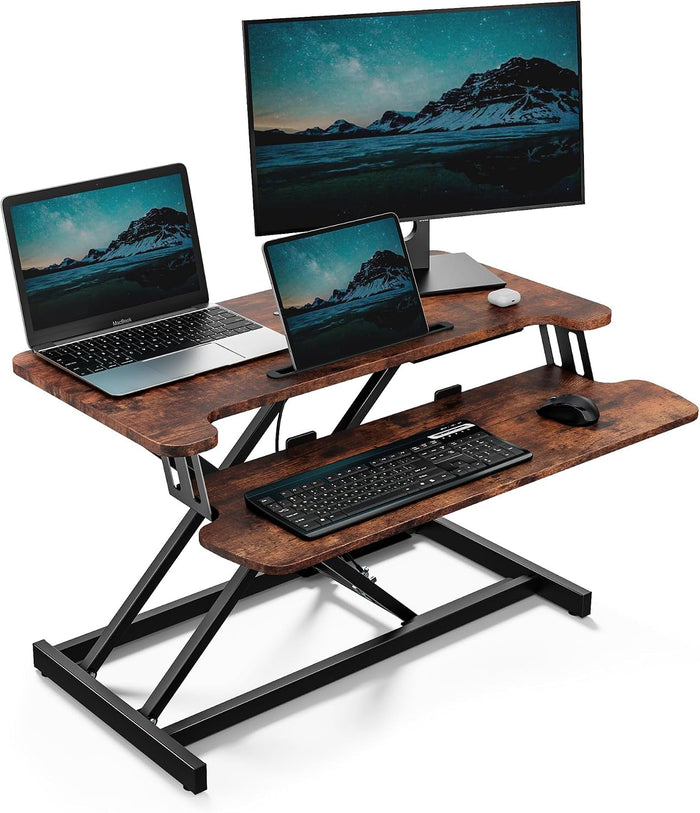 Height Adjustable Standing Desk Converter – Desktop Workstation Riser with Keyboard Tray, Dual Monitor Support & Tablet Holder, 80 x 40 cm