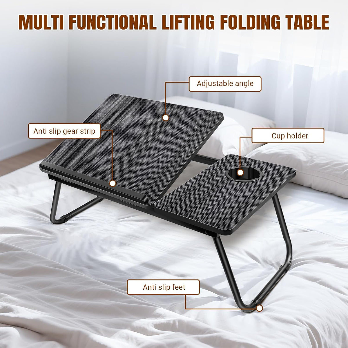 5-Level Adjustable Height Laptop Desk with Foldable Legs, Cup Slot, and Reading Holder - Versatile Bed Tray and Notebook Stand for Sofa, Terrace, and Balcony (56 x 32.5 x 23.3 cm)