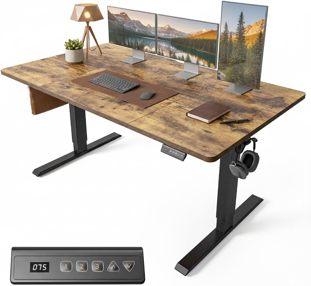 FEZIBO Height Adjustable Electric Standing Desk 100 x 60 cm with Digital Display Panel, Ergonomic Sit-Stand Home Office Desk featuring Splice Board and White Wood Grain Finish