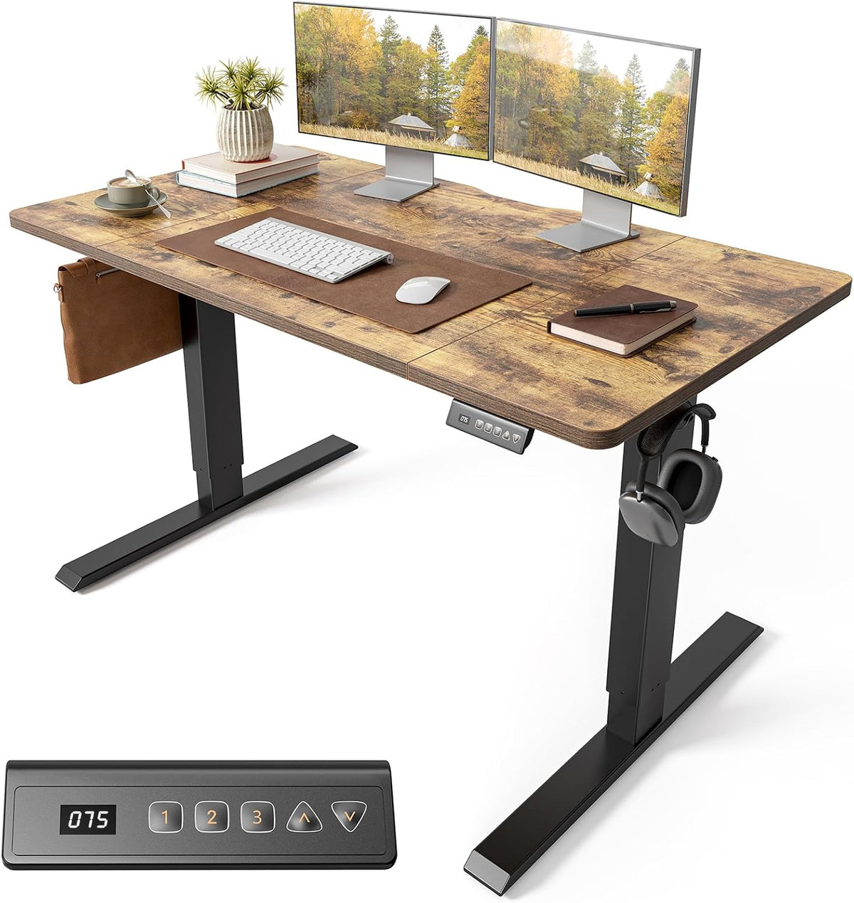FEZIBO Height Adjustable Electric Standing Desk 100 x 60 cm with Digital Display Panel, Ergonomic Sit-Stand Home Office Desk featuring Splice Board and White Wood Grain Finish