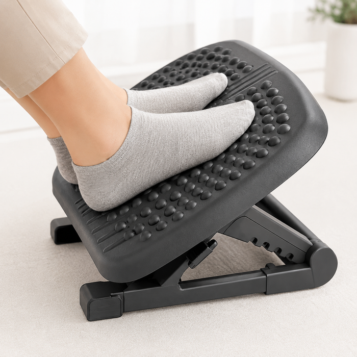 Adjustable Under Desk Footrest with Massage Texture, 3 Height Levels and Rocking Tilt, Non Slip Ergonomic Foot Stool for Office, Home and Study