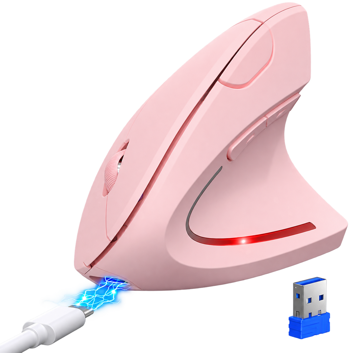 Ergonomic Vertical Wireless Mouse – Rechargeable Bluetooth Mouse with USB Receiver, 6 Buttons, Adjustable DPI and Quiet Clicks for Right-Handed Users