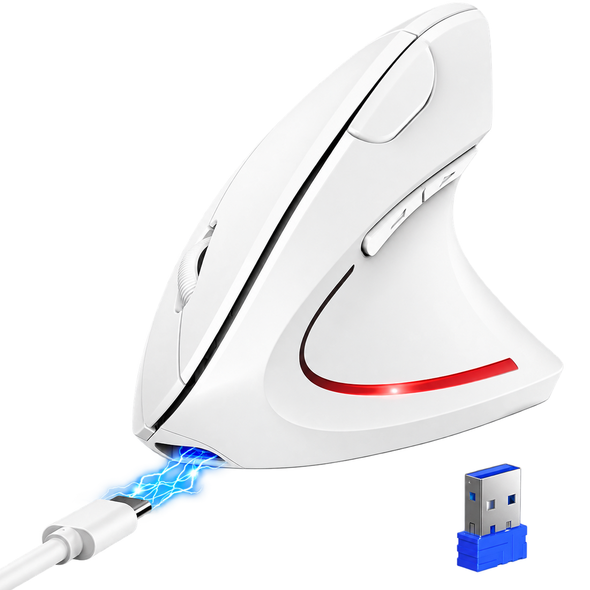 Ergonomic Vertical Wireless Mouse – Rechargeable Bluetooth Mouse with USB Receiver, 6 Buttons, Adjustable DPI and Quiet Clicks for Right-Handed Users