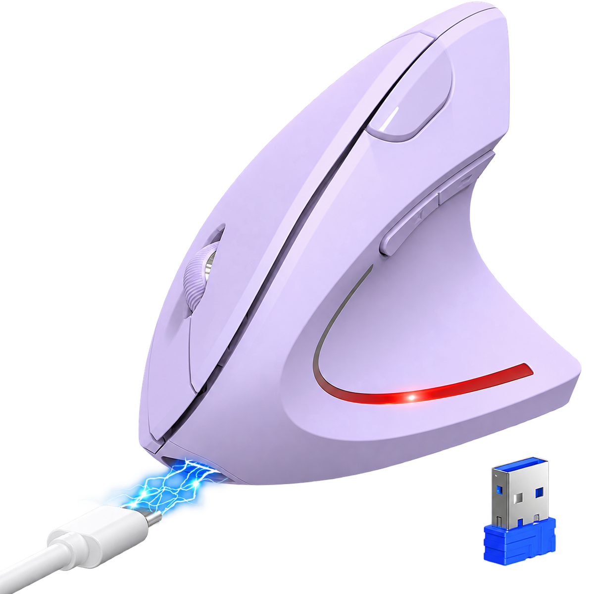 Ergonomic Vertical Wireless Mouse – Rechargeable Bluetooth Mouse with USB Receiver, 6 Buttons, Adjustable DPI and Quiet Clicks for Right-Handed Users