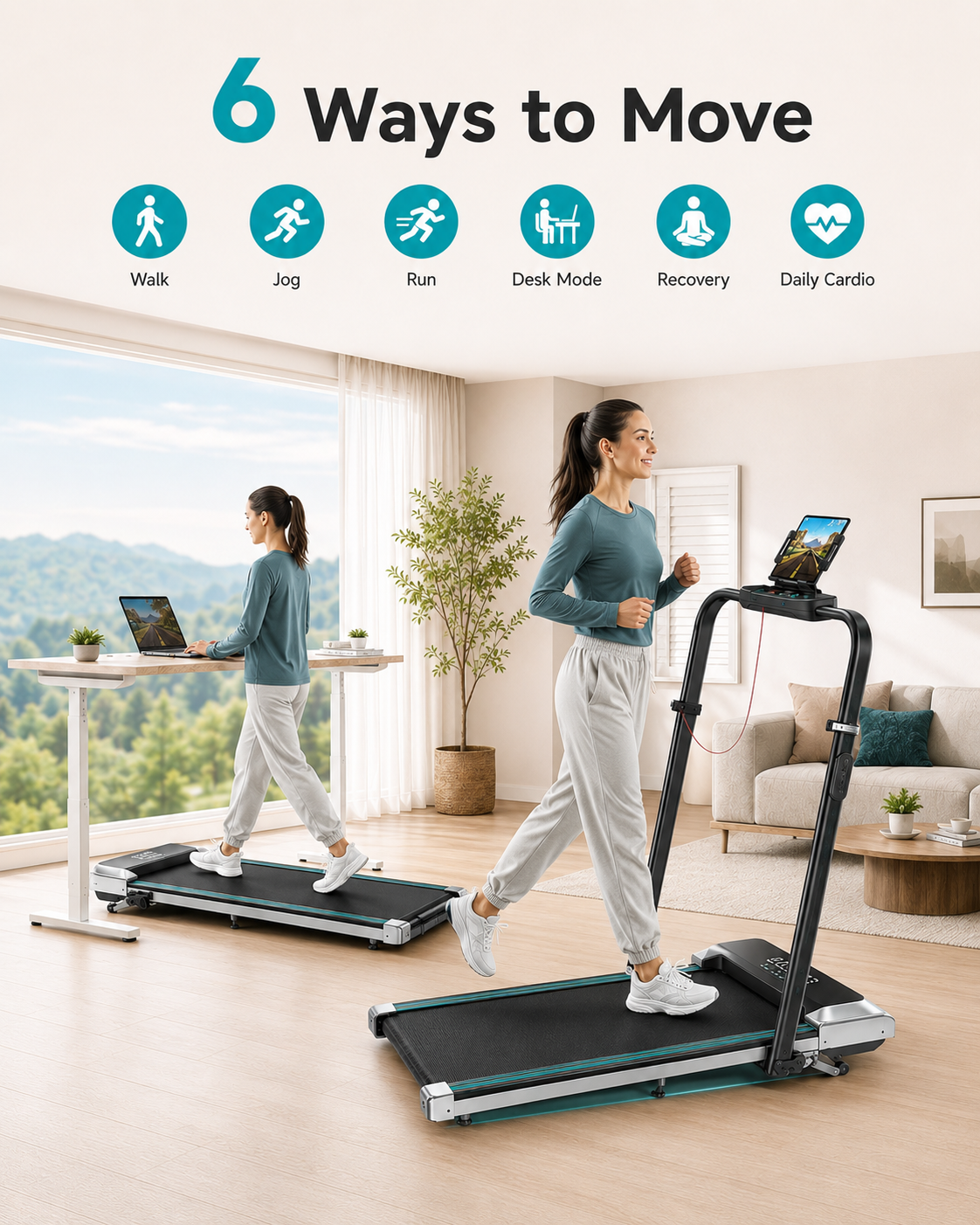 StrideFlex 6-in-1 Folding Treadmill with 1% 6% 12% Incline, Adjustable Retractable Handrail, LED Display, Remote Control and Compact Under Desk Walking Pad for Home & Office