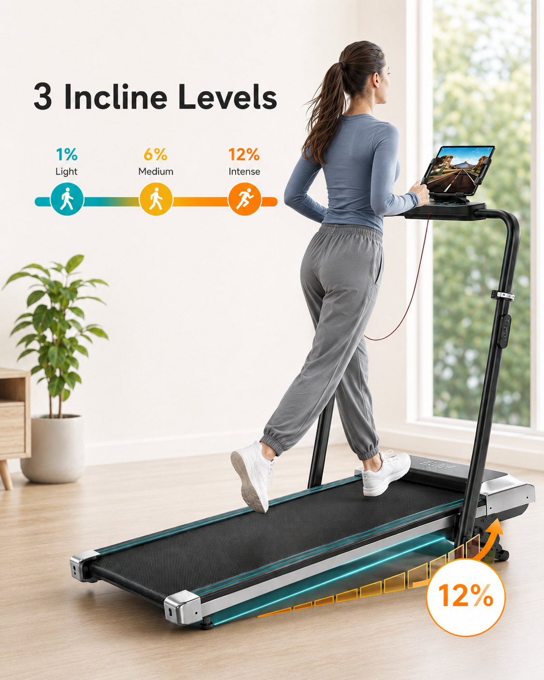 StrideFlex 6-in-1 Folding Treadmill with 1% 6% 12% Incline, Adjustable Retractable Handrail, LED Display, Remote Control and Compact Under Desk Walking Pad for Home & Office