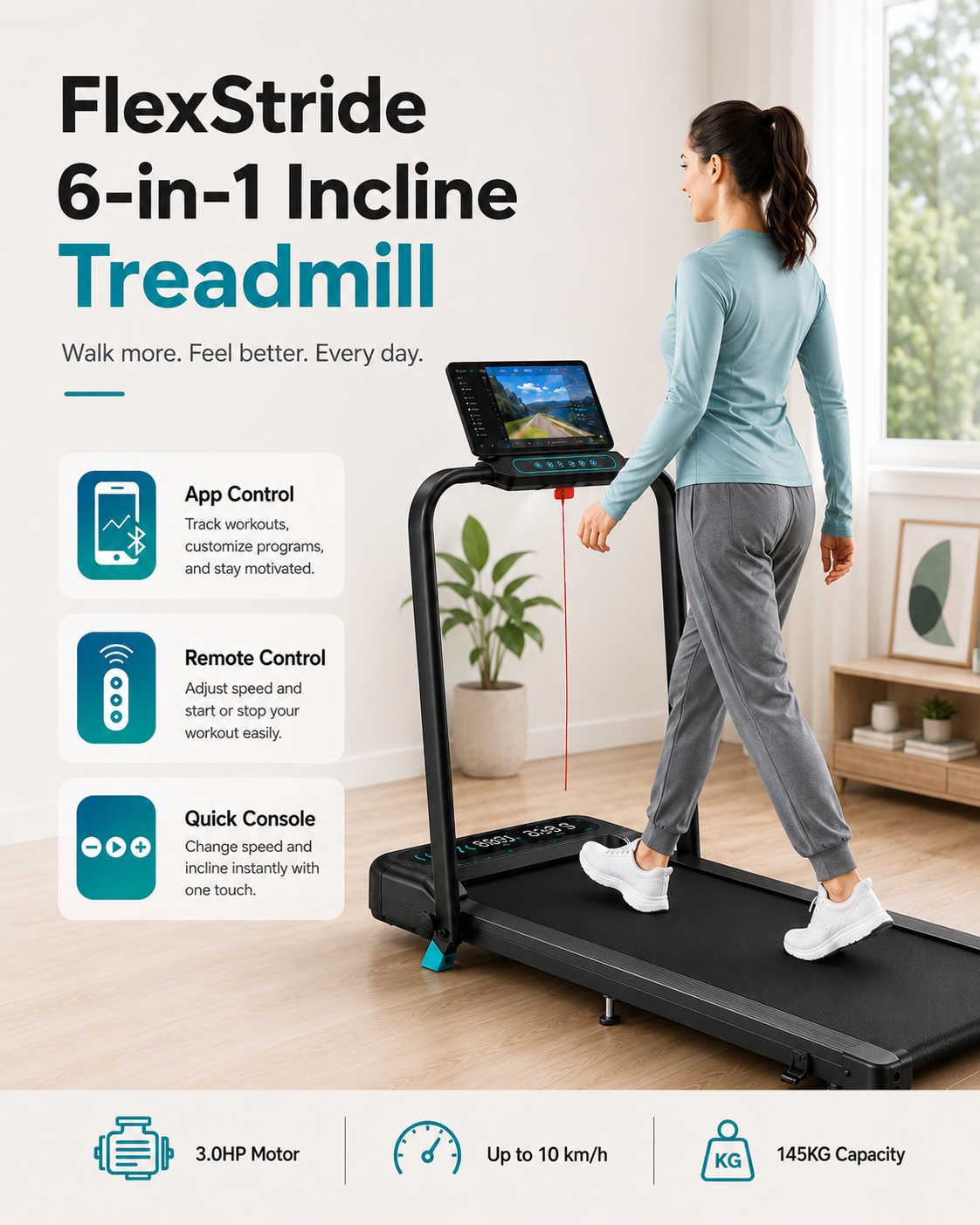 FlexStride 6-in-1 Incline Treadmill for Home & Office | 3 Control Options, 3.0HP Motor, Up to 10 km/h, 145KG Capacity