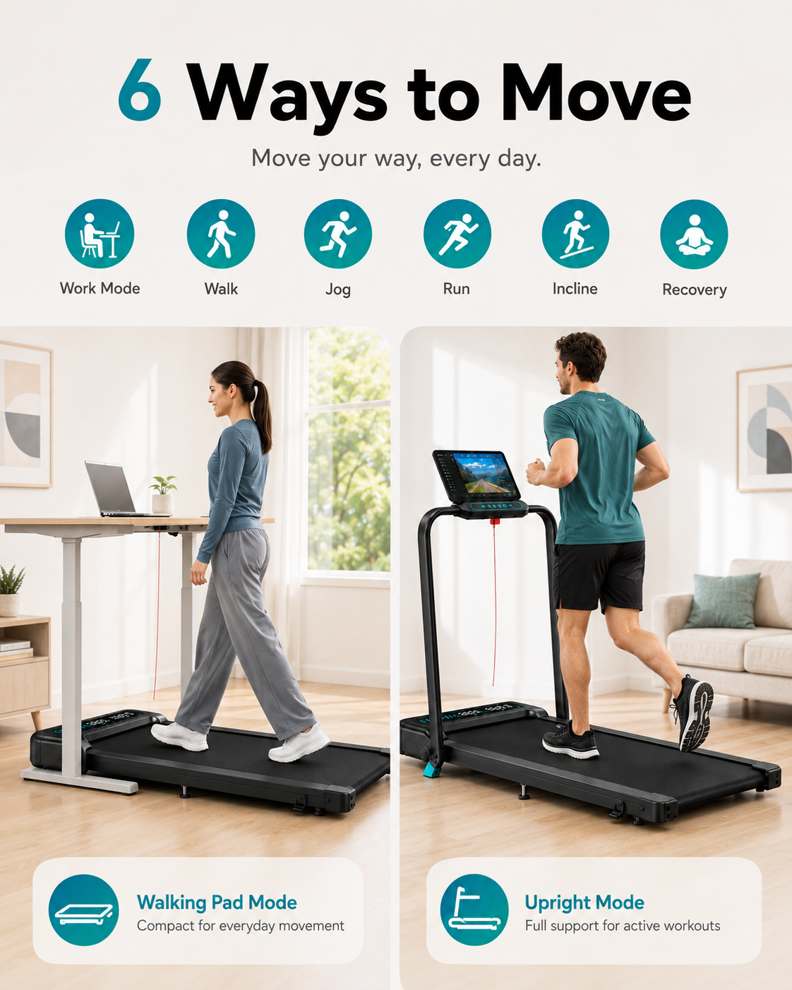 FlexStride 6-in-1 Incline Treadmill for Home & Office | 3 Control Options, 3.0HP Motor, Up to 10 km/h, 145KG Capacity