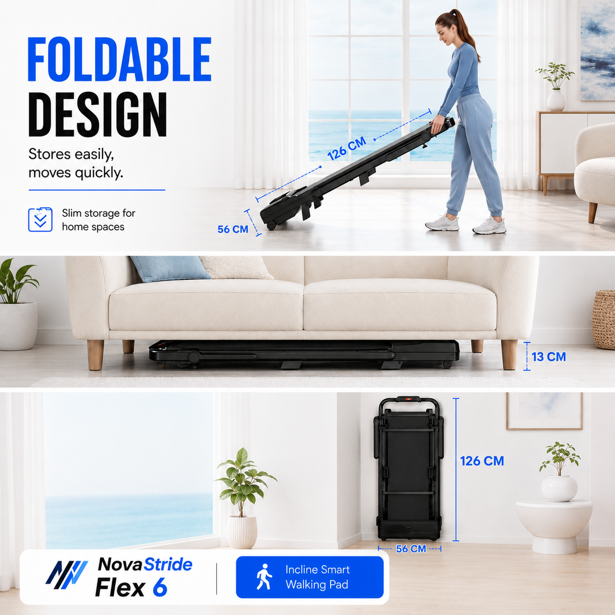 Foldable Walking Pad Treadmill with 6% Incline – Compact Under Desk Treadmill with 6/12 km/h Speed Options, App Connectivity & 136 kg Capacity