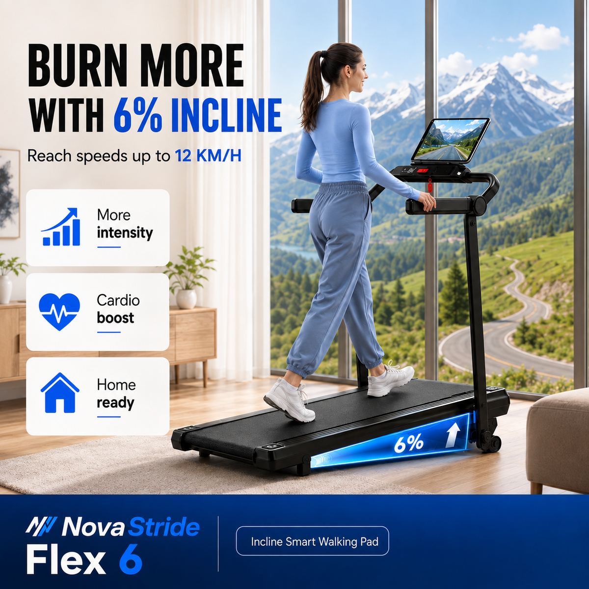 Foldable Walking Pad Treadmill with 6% Incline – Compact Under Desk Treadmill with 6/12 km/h Speed Options, App Connectivity & 136 kg Capacity