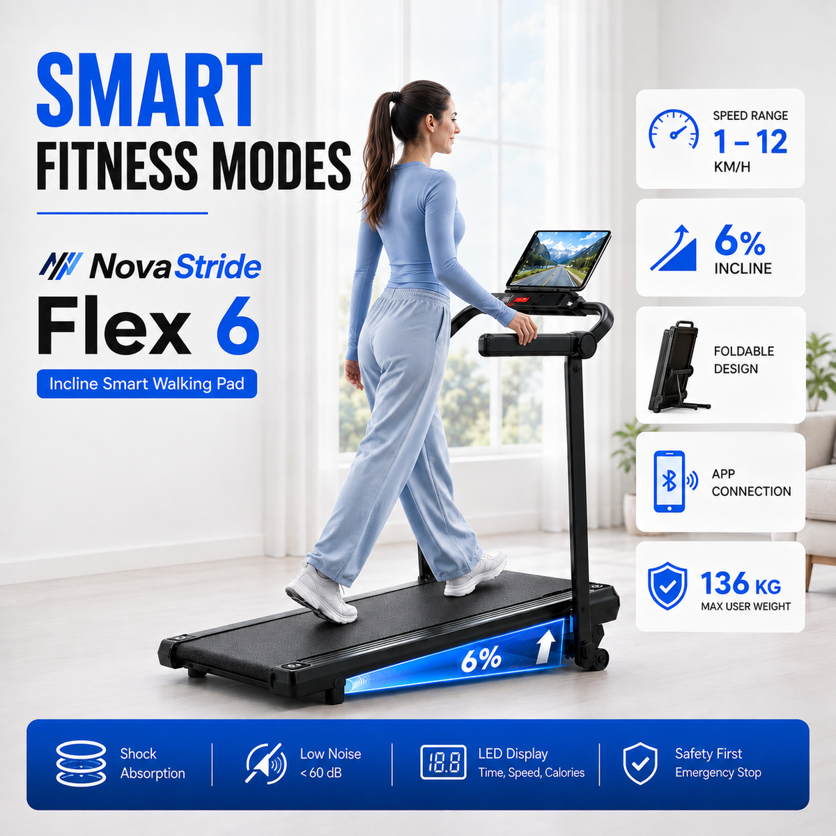 Foldable Walking Pad Treadmill with 6% Incline – Compact Under Desk Treadmill with 6/12 km/h Speed Options, App Connectivity & 136 kg Capacity