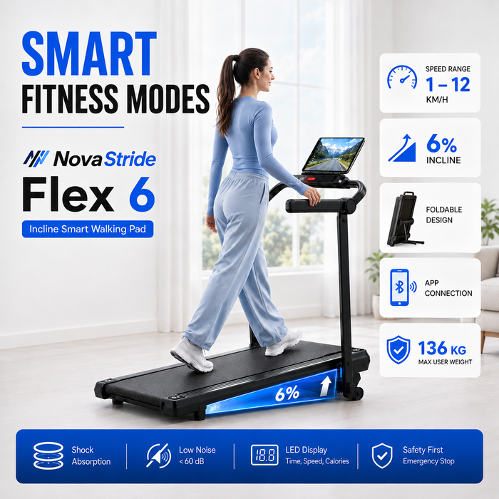 Foldable Walking Pad Treadmill with 6% Incline – Compact Under Desk Treadmill with 6/12 km/h Speed Options, App Connectivity & 136 kg Capacity