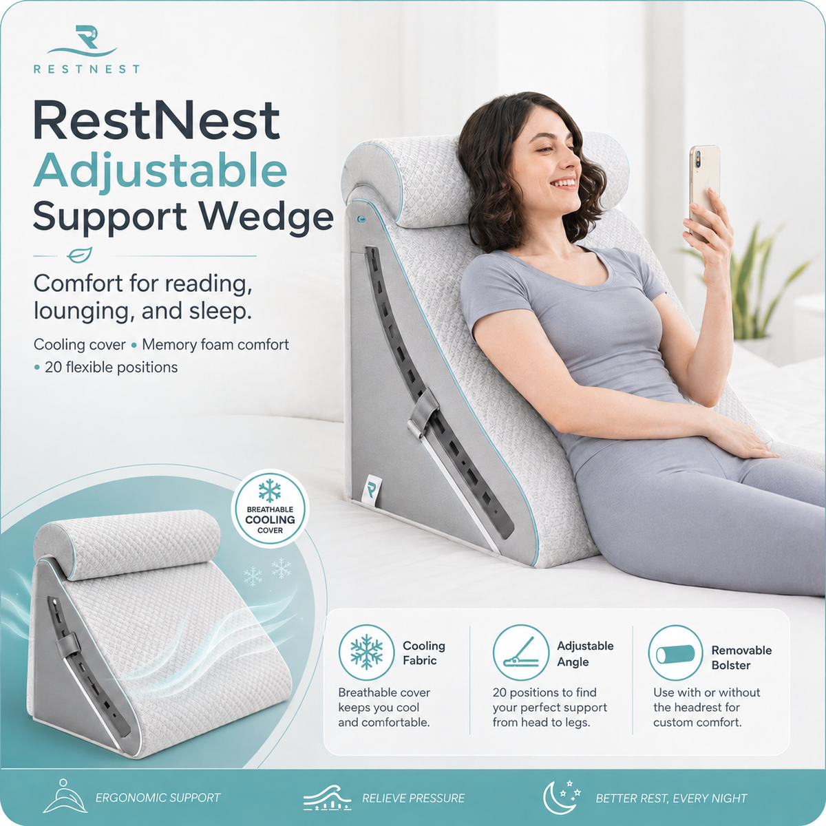 RestNest Adjustable Bed Wedge Pillow with Bolster | Cooling Knit Cover, 20 Flexible Positions, Memory Foam Comfort Support