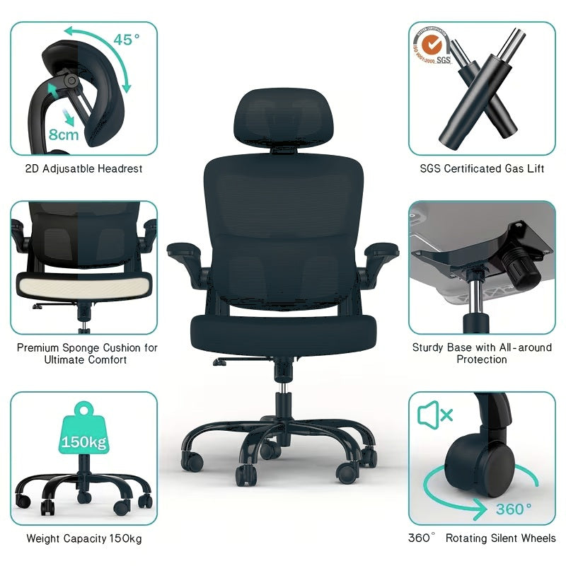 Adjustable Ergonomic Mesh Desk Chair with 2D Headrest, Flexible Lumbar Support, Foldable Armrests and Reclining Rocking Function