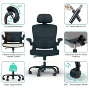 Adjustable Ergonomic Mesh Desk Chair with 2D Headrest, Flexible Lumbar Support, Foldable Armrests and Reclining Rocking Function