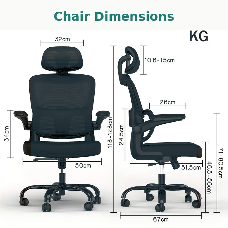 Adjustable Ergonomic Mesh Desk Chair with 2D Headrest, Flexible Lumbar Support, Foldable Armrests and Reclining Rocking Function