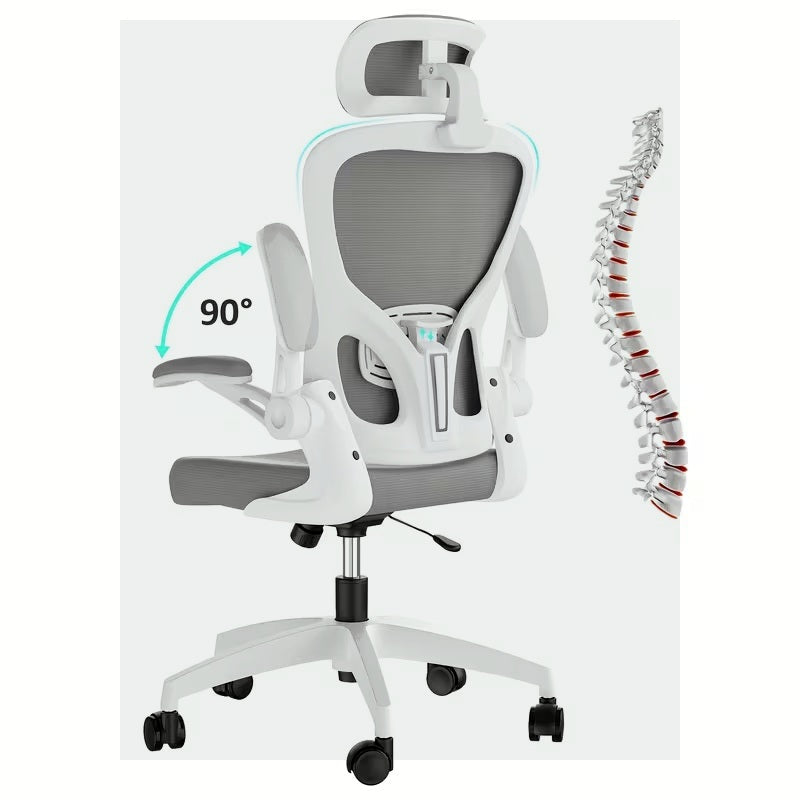 Adjustable Ergonomic Mesh Desk Chair with 2D Headrest, Flexible Lumbar Support, Foldable Armrests and Reclining Rocking Function