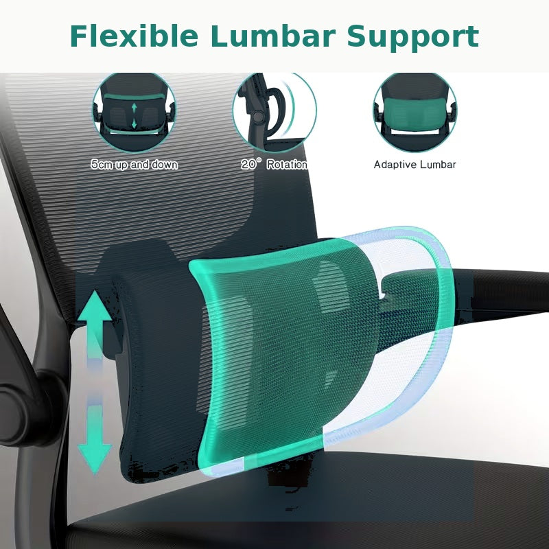 Adjustable Ergonomic Mesh Desk Chair with 2D Headrest, Flexible Lumbar Support, Foldable Armrests and Reclining Rocking Function