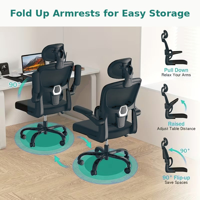 Adjustable Ergonomic Mesh Desk Chair with 2D Headrest, Flexible Lumbar Support, Foldable Armrests and Reclining Rocking Function