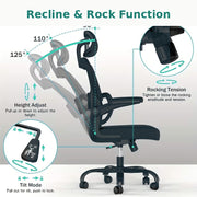 Adjustable Ergonomic Mesh Desk Chair with 2D Headrest, Flexible Lumbar Support, Foldable Armrests and Reclining Rocking Function