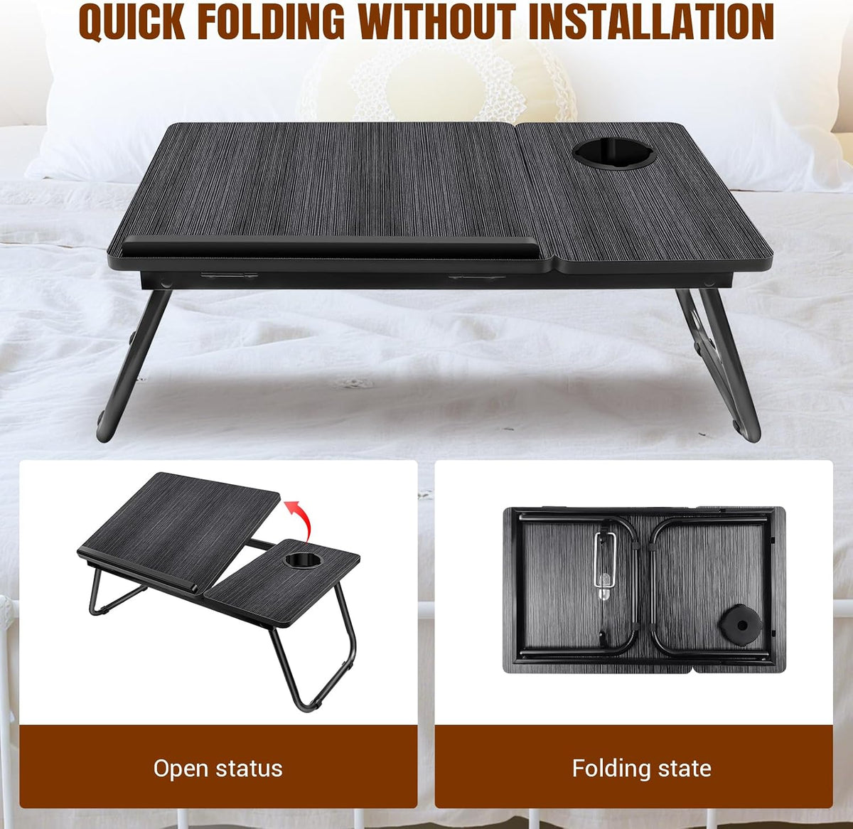 5-Level Adjustable Height Laptop Desk with Foldable Legs, Cup Slot, and Reading Holder - Versatile Bed Tray and Notebook Stand for Sofa, Terrace, and Balcony (56 x 32.5 x 23.3 cm)