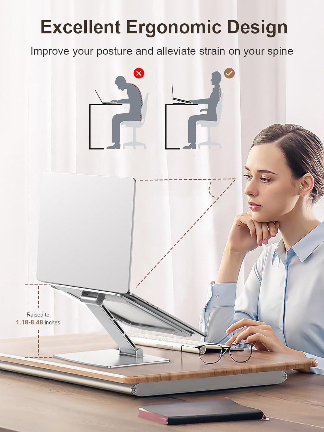 CIRYCASE Ergonomic Adjustable Laptop Stand, Aluminum Cooling Riser for Desk, Portable and Foldable Holder Compatible with MacBook Air/Pro and HP Notebooks (10-16")